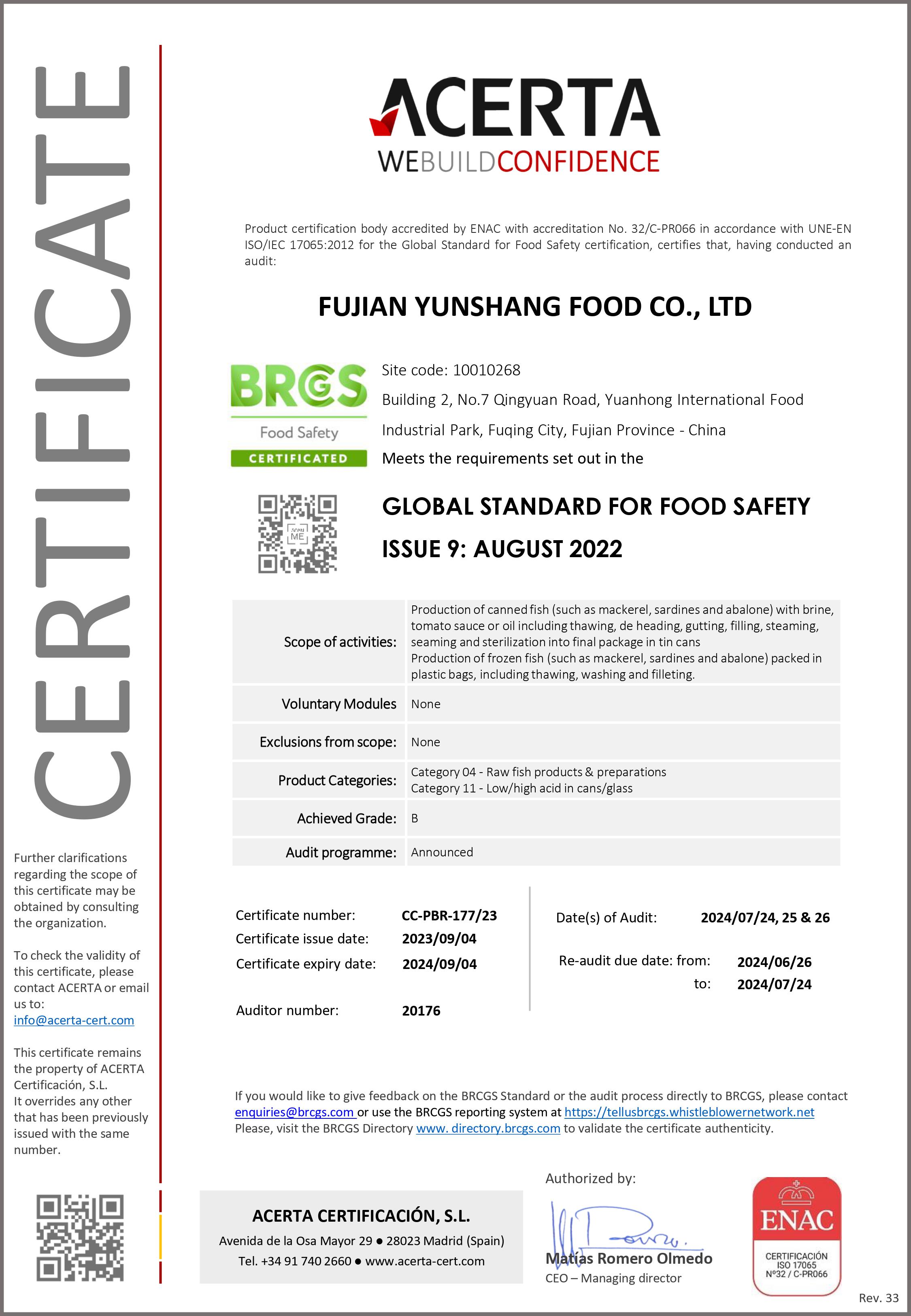 云尚BRCGS Certificate of conformity - FUJIAN YUNSHANG 2023